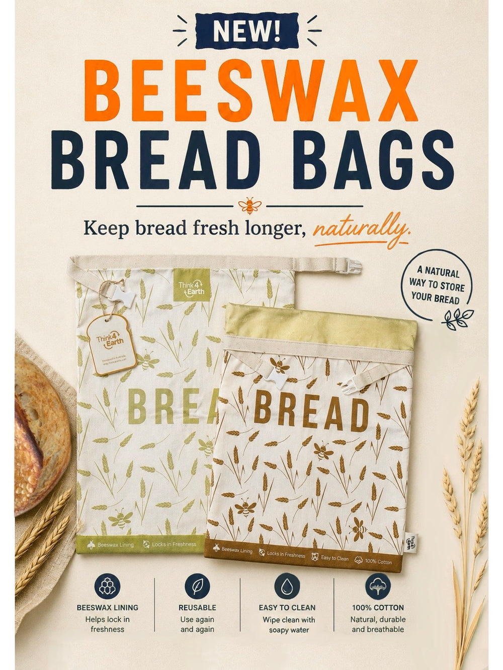 Beeswax-Lined Cotton Bread Bags - Green