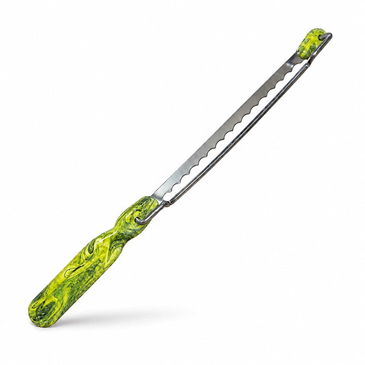 Think4Earth adjustable bread saw with green and yellow marbled recycled plastic handle and stainless steel blade.