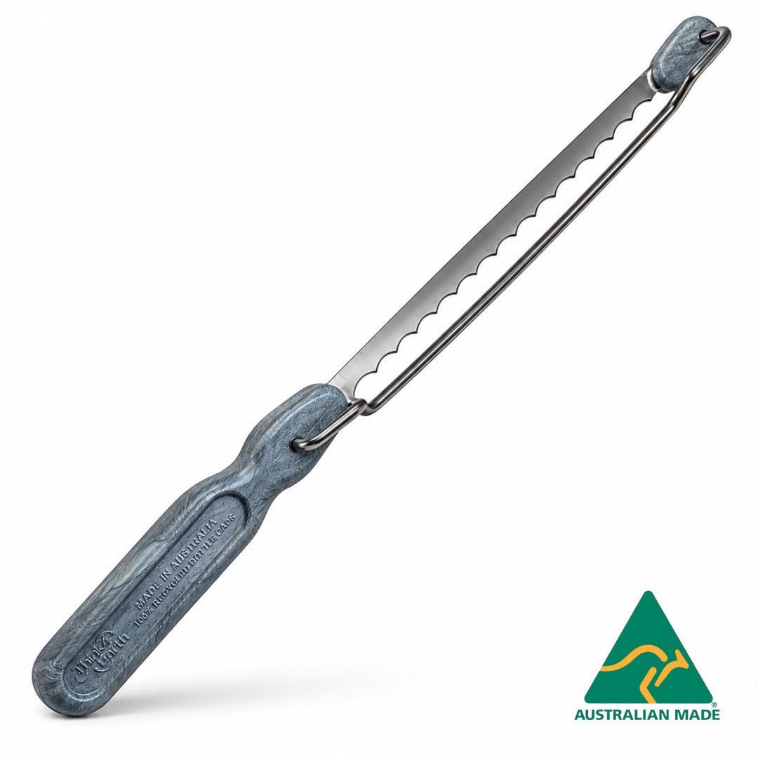 Think4Earth adjustable bread saw with marbled recycled plastic handle and stainless steel blade. Perfect for slicing bread.