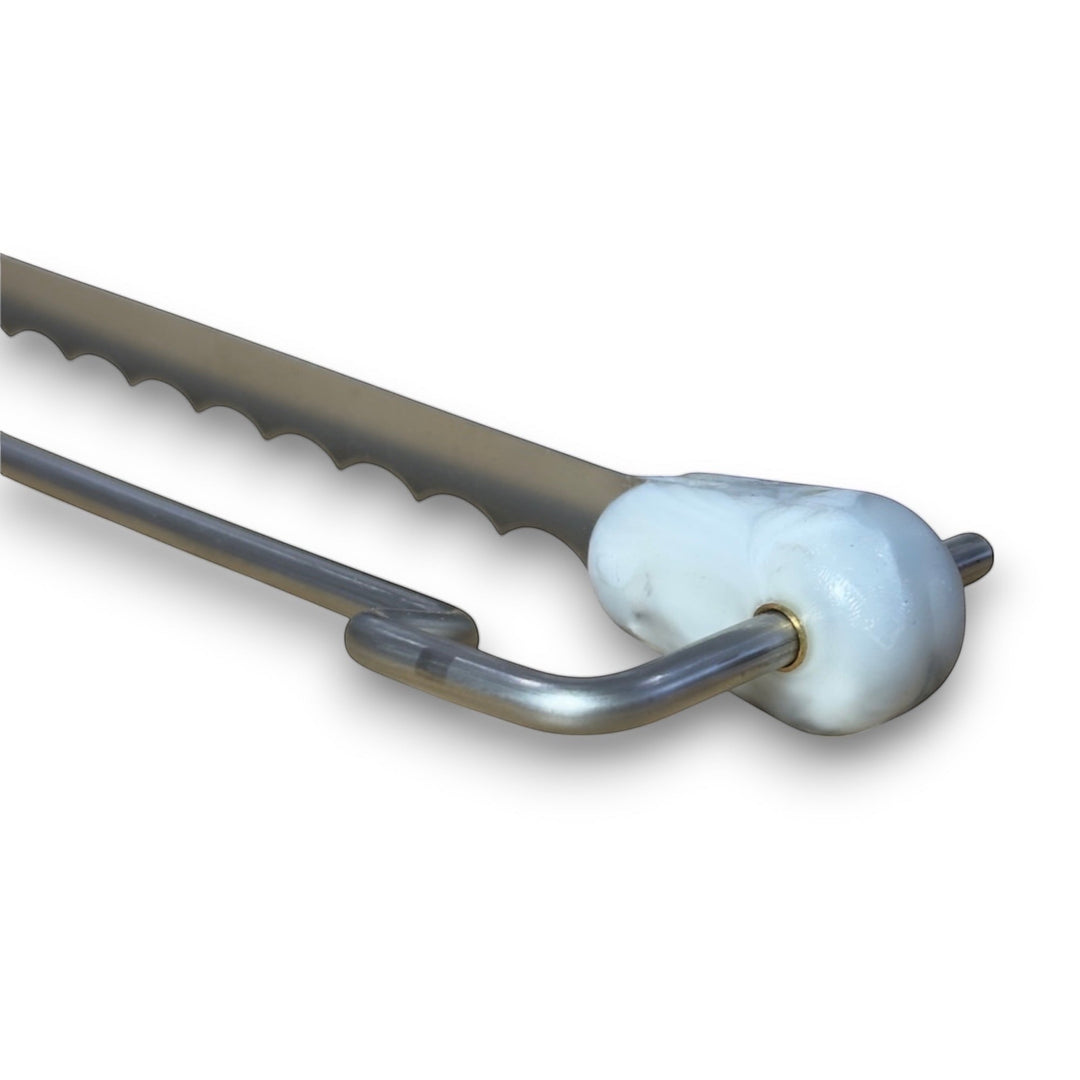 Think4Earth adjustable bread saw with marbled recycled HDPE handle and stainless steel blade.