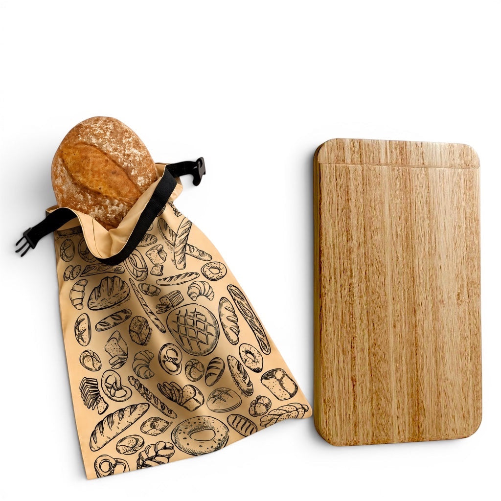 Think4Earth Tasmanian Oak bread board and reusable bread bag with bread print. Natural wood board with rounded corners next to a tan bag filled with a loaf of bread.