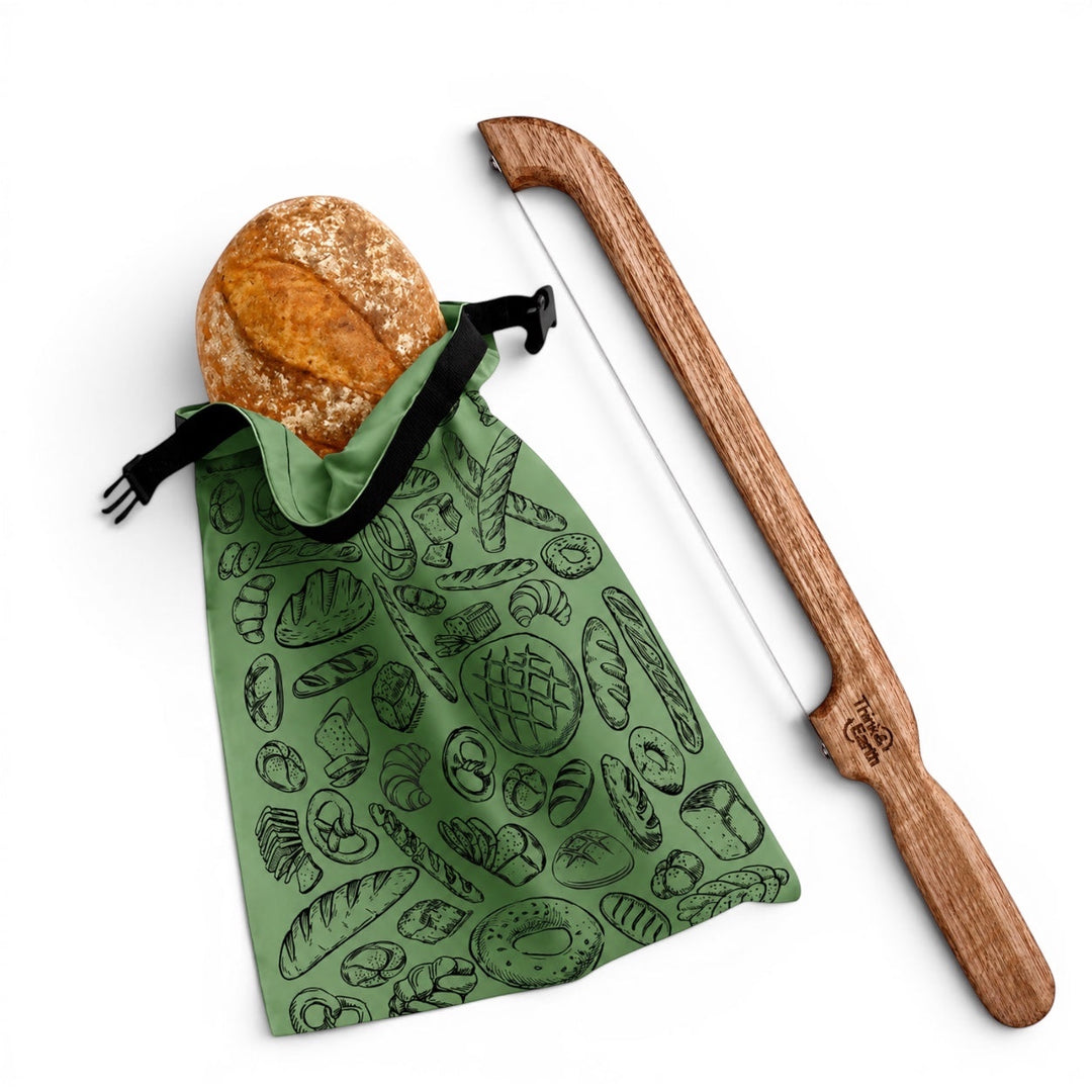 Think4Earth bread saw with wooden handle and green reusable bread bag featuring various baked goods.