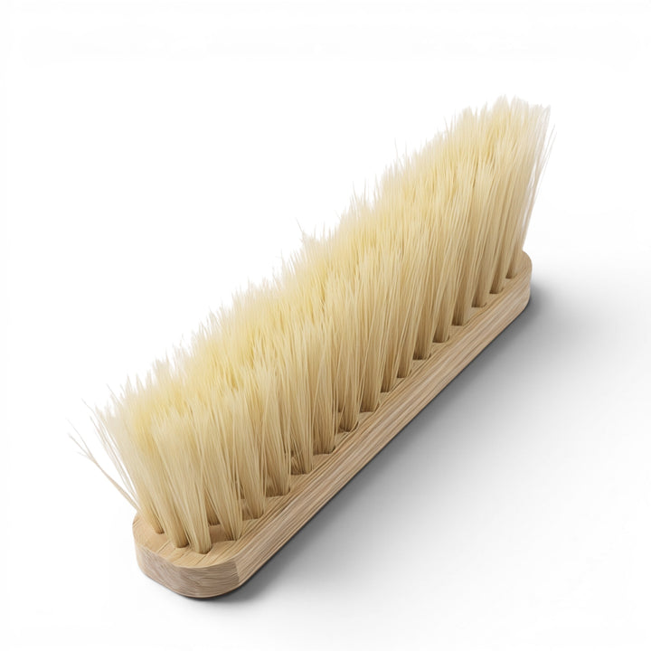 Think4Earth beech wood flour broom with durable synthetic bristles for cleaning work surfaces.