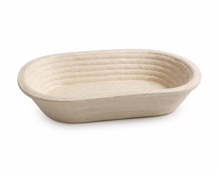 Think4Earth oval wood pulp banneton proofing bowl for 1kg dough, German-made with ribbed interior.