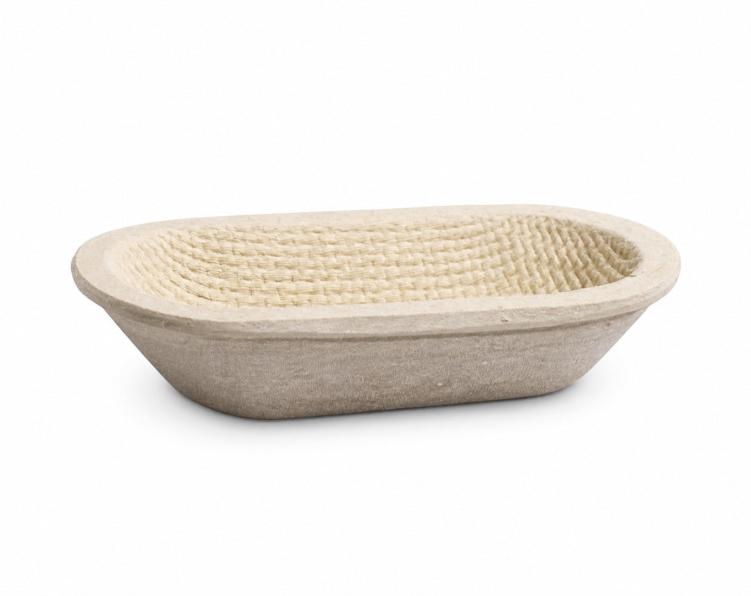 Think4Earth oval wood pulp banneton proofing bowl, 1kg size, with a woven pattern inside.
