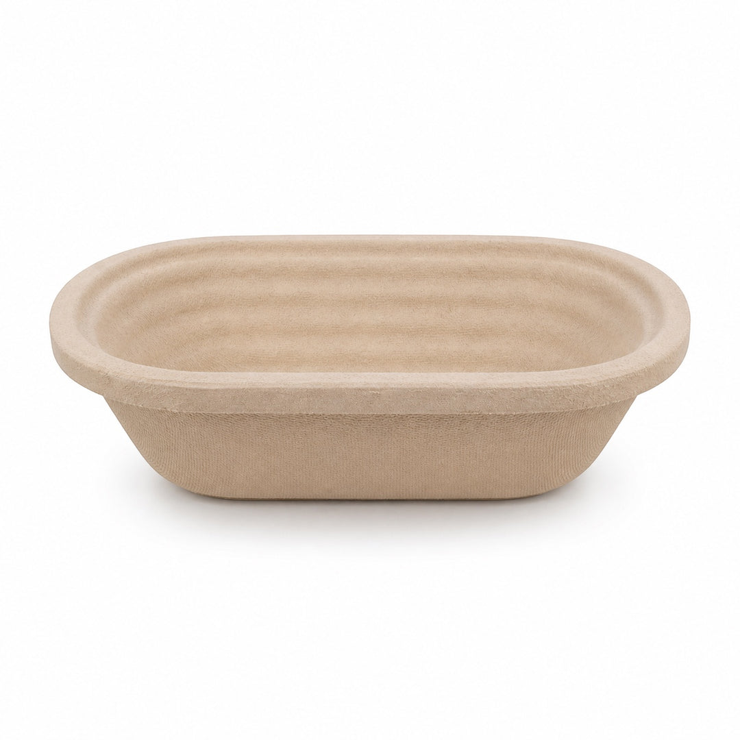 Think4Earth oval wood pulp banneton proofing bowl for 500g dough, German-made, natural beige color.