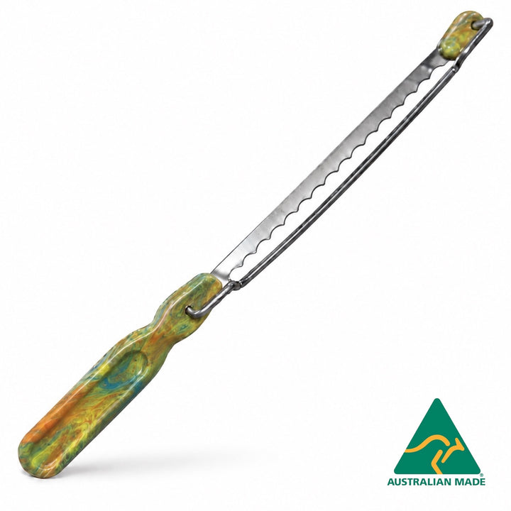 Think4Earth Rainbow adjustable bread saw with marbled recycled HDPE handle and stainless steel blade.
