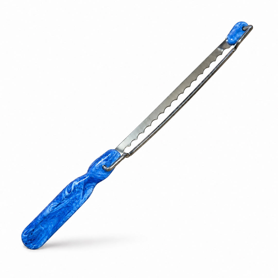 Think4Earth blue and white marbled recycled HDPE handle bread saw with adjustable stainless steel blade.