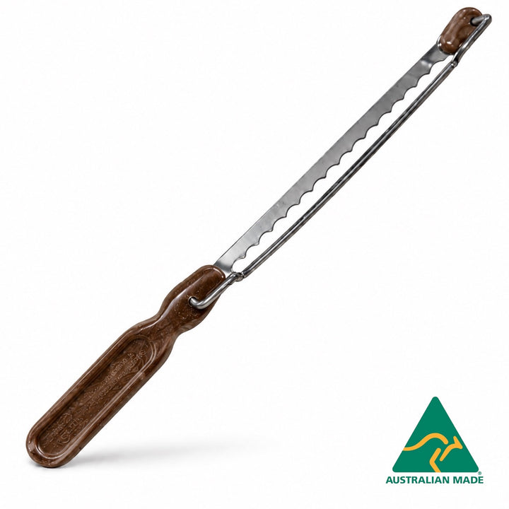 Think4Earth brown recycled plastic bread saw with adjustable slice guide and stainless steel blade.