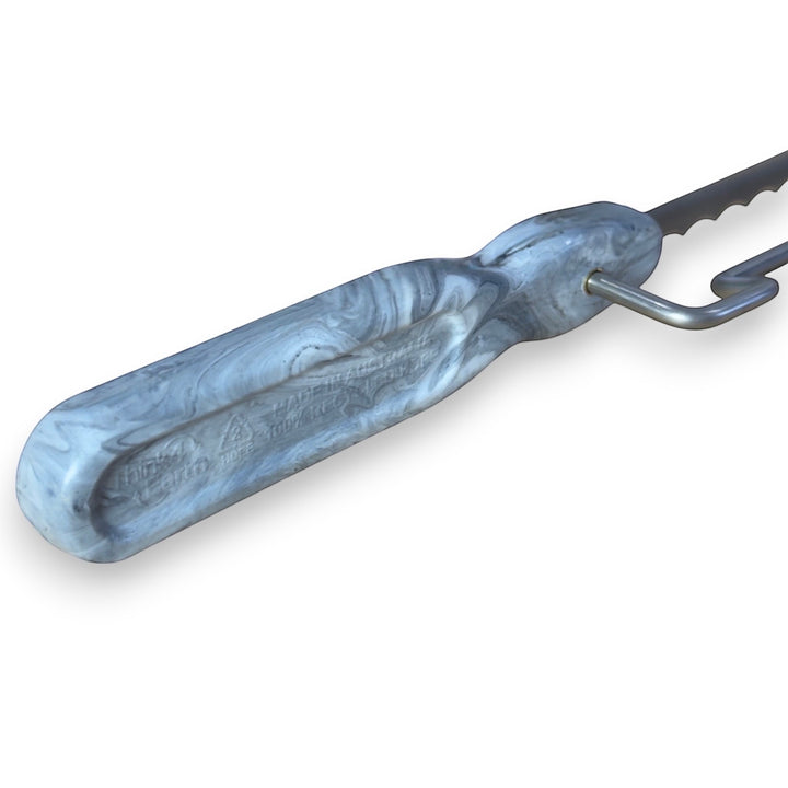 Think4Earth adjustable bread saw with marbled recycled plastic handle and stainless steel blade. Perfect for slicing bread.