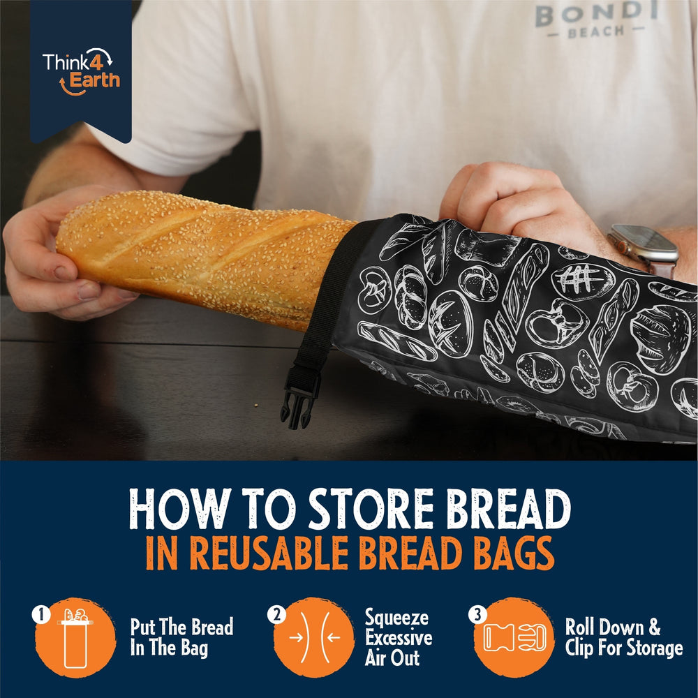 Think4Earth reusable black baguette bag with white bread print, made from rPET, features a roll-and-clip closure.