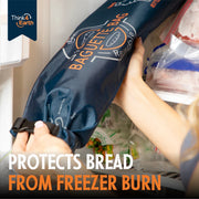 Think4Earth reusable baguette bag in navy blue, made from rPET, with a roll-and-clip closure, protecting bread from freezer burn.