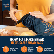 Think4Earth reusable blue baguette bag made from rPET, shown storing a baguette. Features roll-down closure.