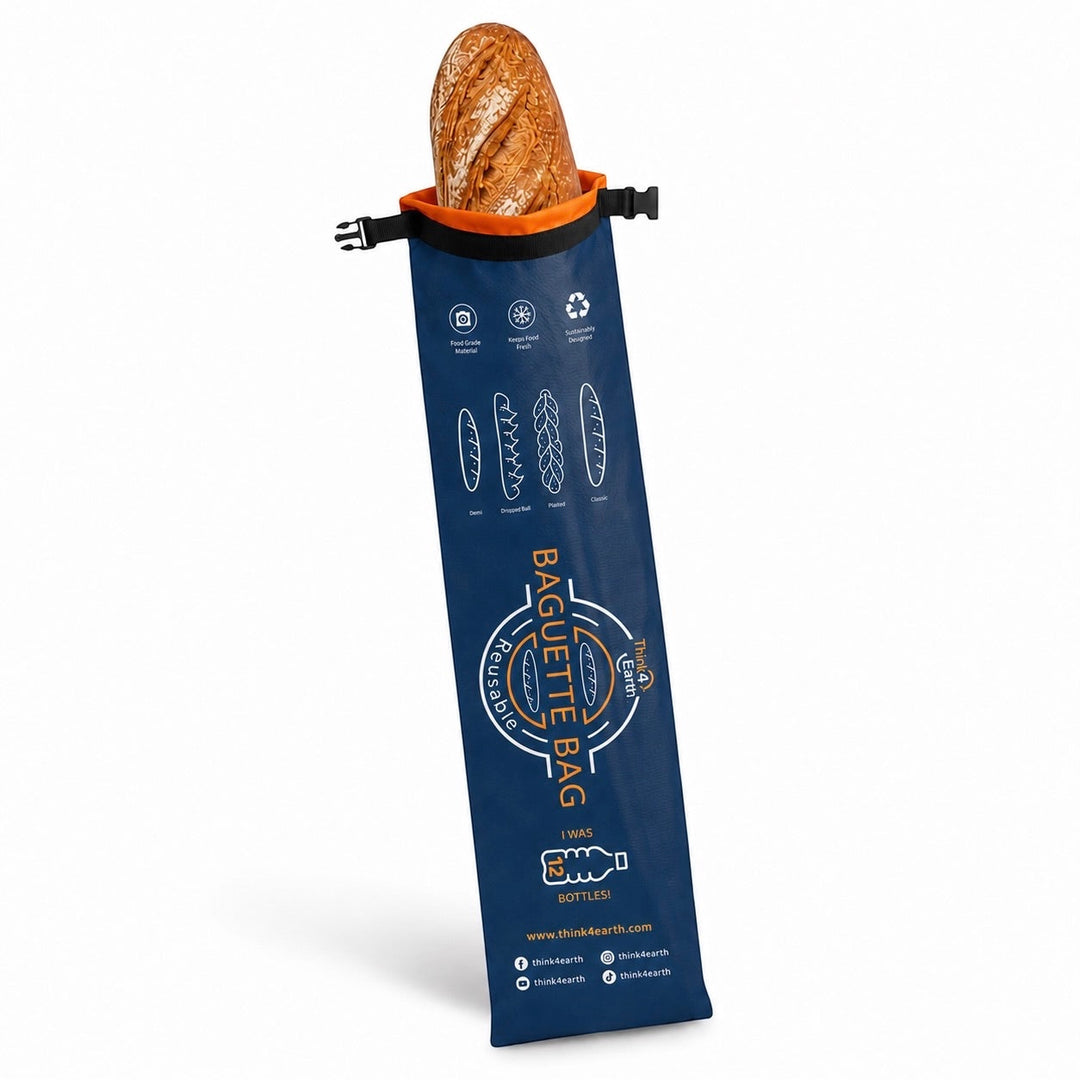 Think4Earth reusable blue baguette bag made from recycled plastic bottles, with adjustable closure and bread illustrations.
