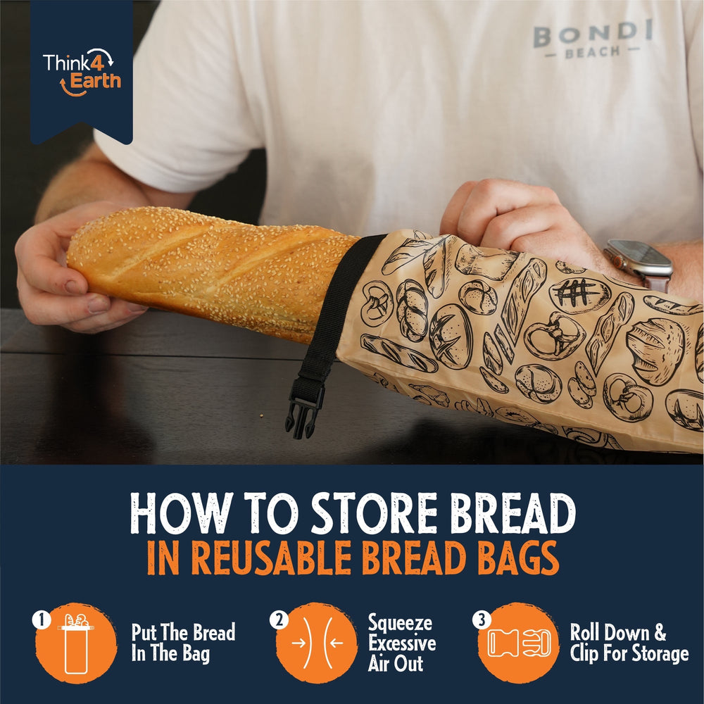 Think4Earth reusable brown baguette bag made from rPET, featuring a bread print and roll-and-clip closure.