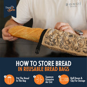 Think4Earth reusable brown baguette bag made from rPET, featuring a bread print and roll-and-clip closure.