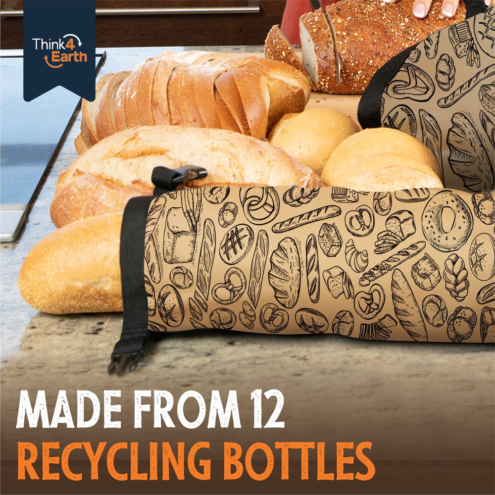 Think4Earth reusable baguette bag in brown with a bread pattern, made from recycled plastic bottles.