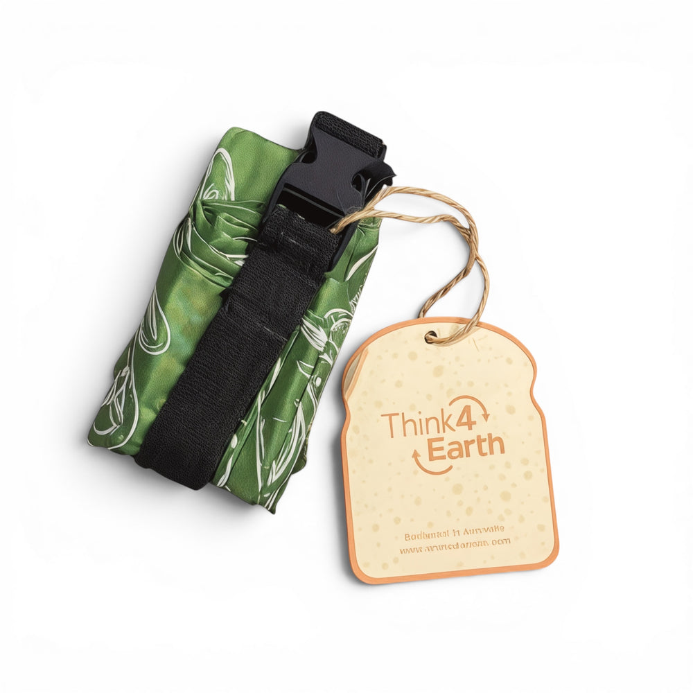 Think4Earth green reusable baguette bag made from recycled plastic bottles with a roll and clip closure.