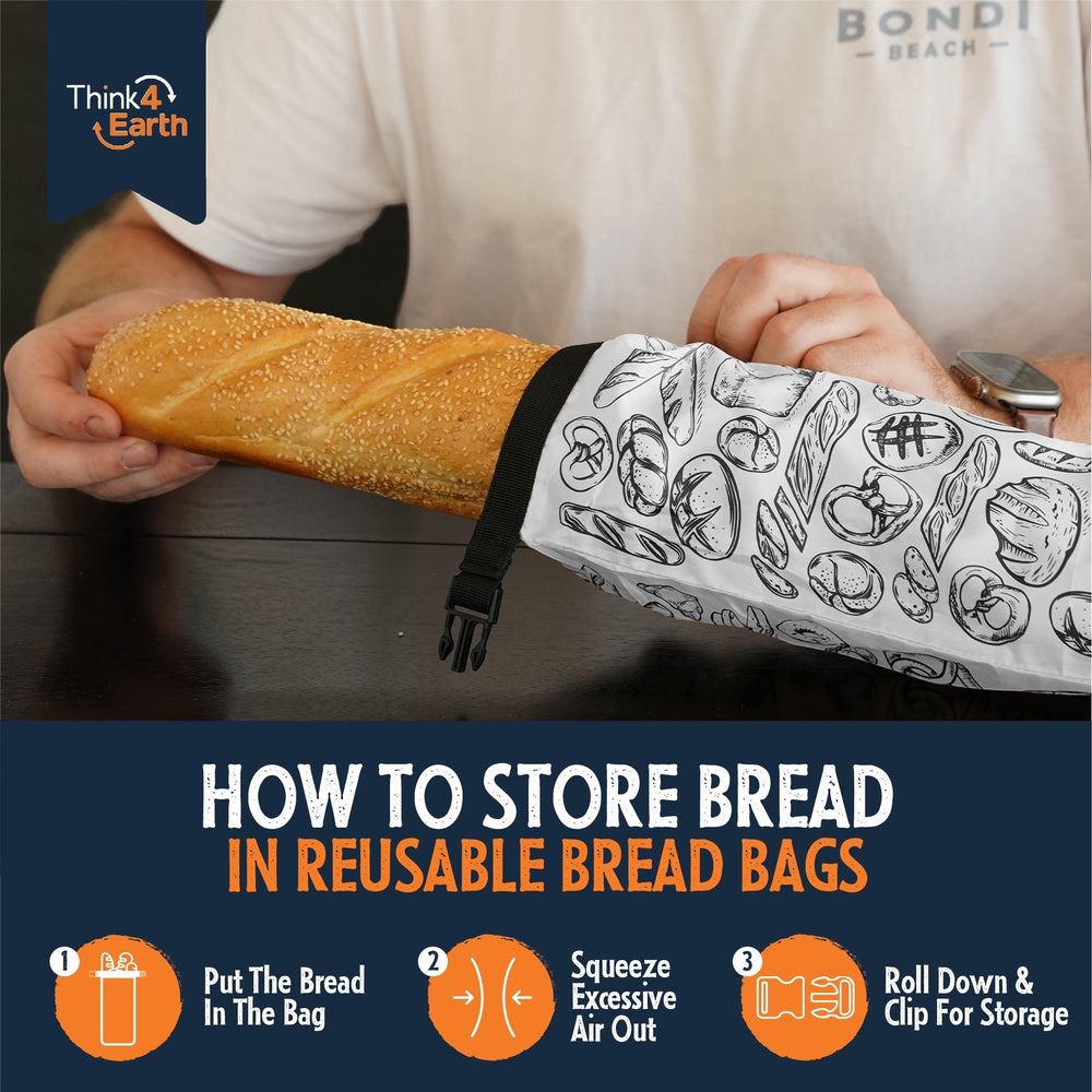 Think4Earth white reusable baguette bag with black bread print, made from recycled plastic bottles, shown storing a baguette.