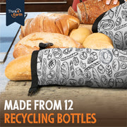 Think4Earth reusable baguette bag in white with a black bread print. Made from recycled plastic bottles.