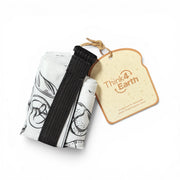 Think4Earth white reusable baguette bag with black strap and bread graphic, made from recycled plastic bottles.