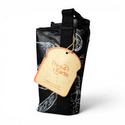 Think4Earth black reusable bread bag made from recycled plastic bottles, with a bread-shaped tag.