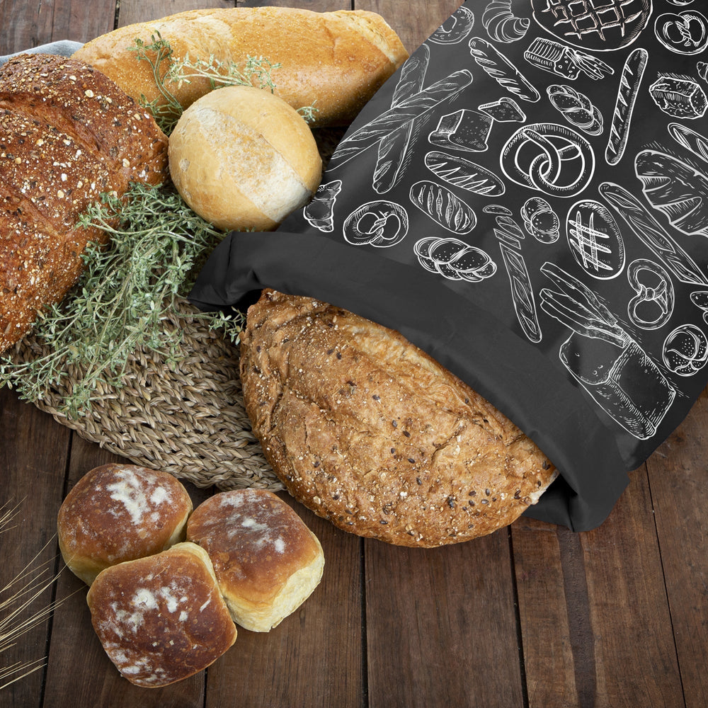Think4Earth black reusable bread bag made from recycled plastic bottles, featuring a chalk-style print of various baked goods.