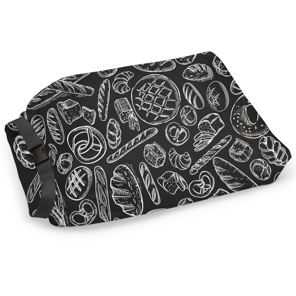 Think4Earth black reusable bread bag with a chalk-style pattern of various breads and pastries. Made from rPET.