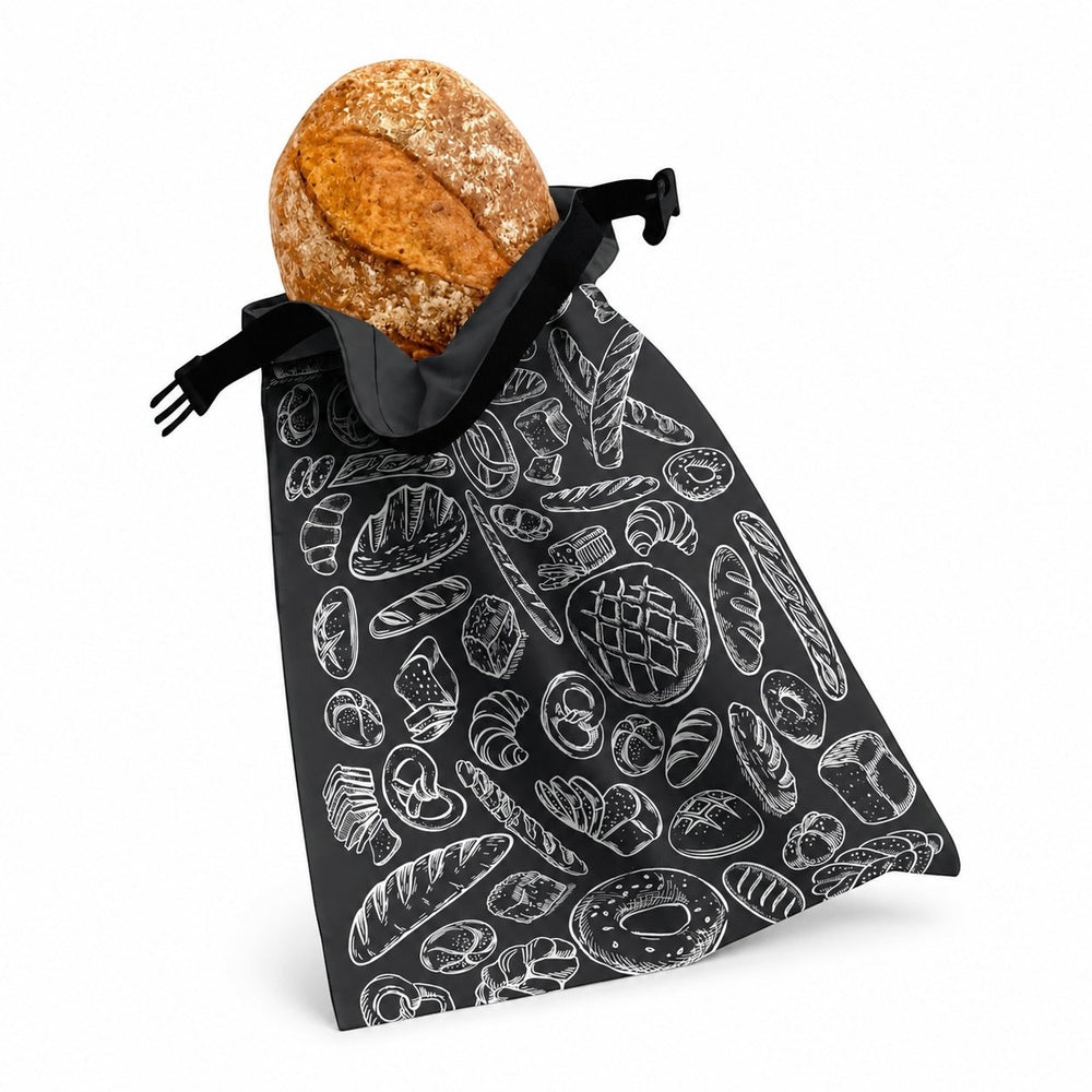 Think4Earth black reusable bread bag made from recycled plastic bottles, featuring a chalk-style print of various breads and pastries.