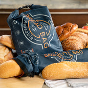 Think4Earth Reusable Bread Bag in navy blue, made from recycled plastic bottles, with roll-top closure. Stores various breads.