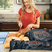 Think4Earth reusable blue bread bag made from recycled plastic bottles, shown with various breads.