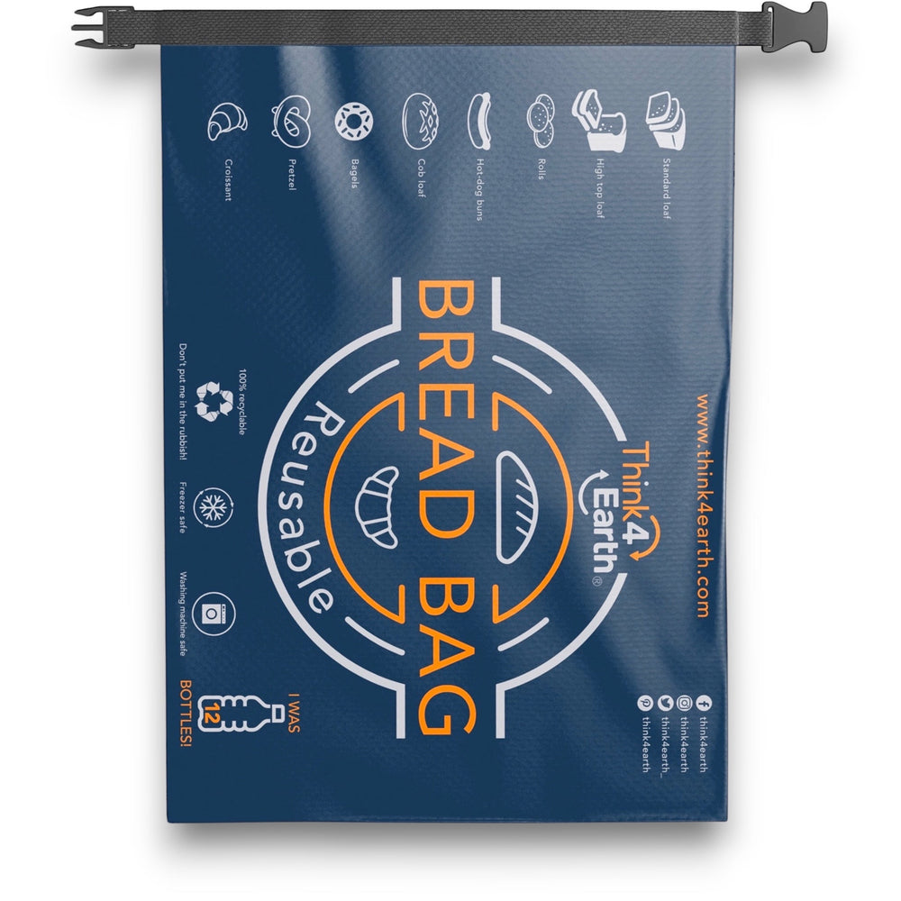 Think4Earth Reusable Bread Bag in dark blue, made from rPET, with roll-and-clip closure. Features icons for various bread types.