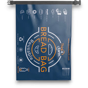 Think4Earth Reusable Bread Bag in dark blue, made from rPET, with roll-and-clip closure. Features icons for various bread types.