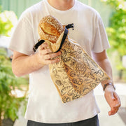 Think4Earth reusable bread bag in brown, made from recycled plastic bottles, featuring a bread print and roll-and-clip closure.