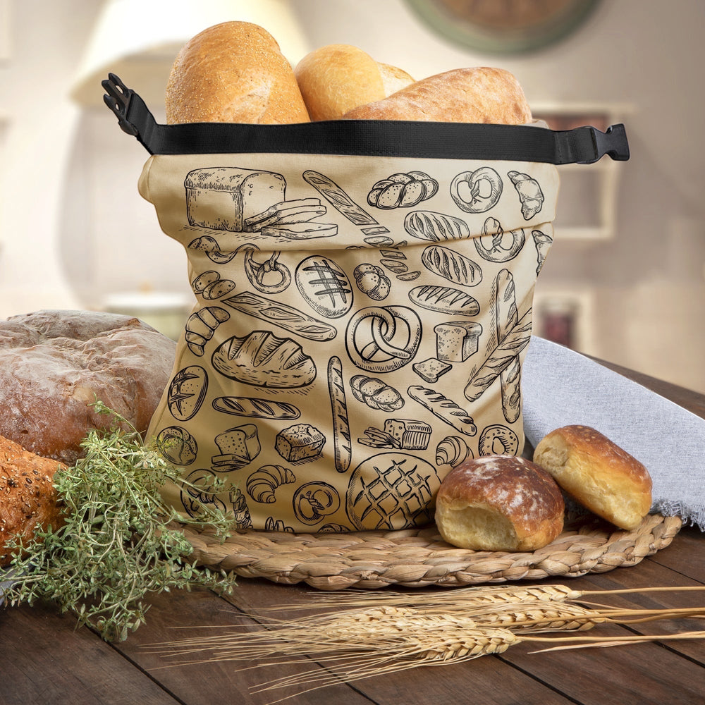 Think4Earth reusable bread bag in brown, made from recycled plastic bottles, featuring a bread print and roll-and-clip closure.