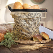 Think4Earth reusable bread bag in brown, made from recycled plastic bottles, featuring a bread print and roll-and-clip closure.