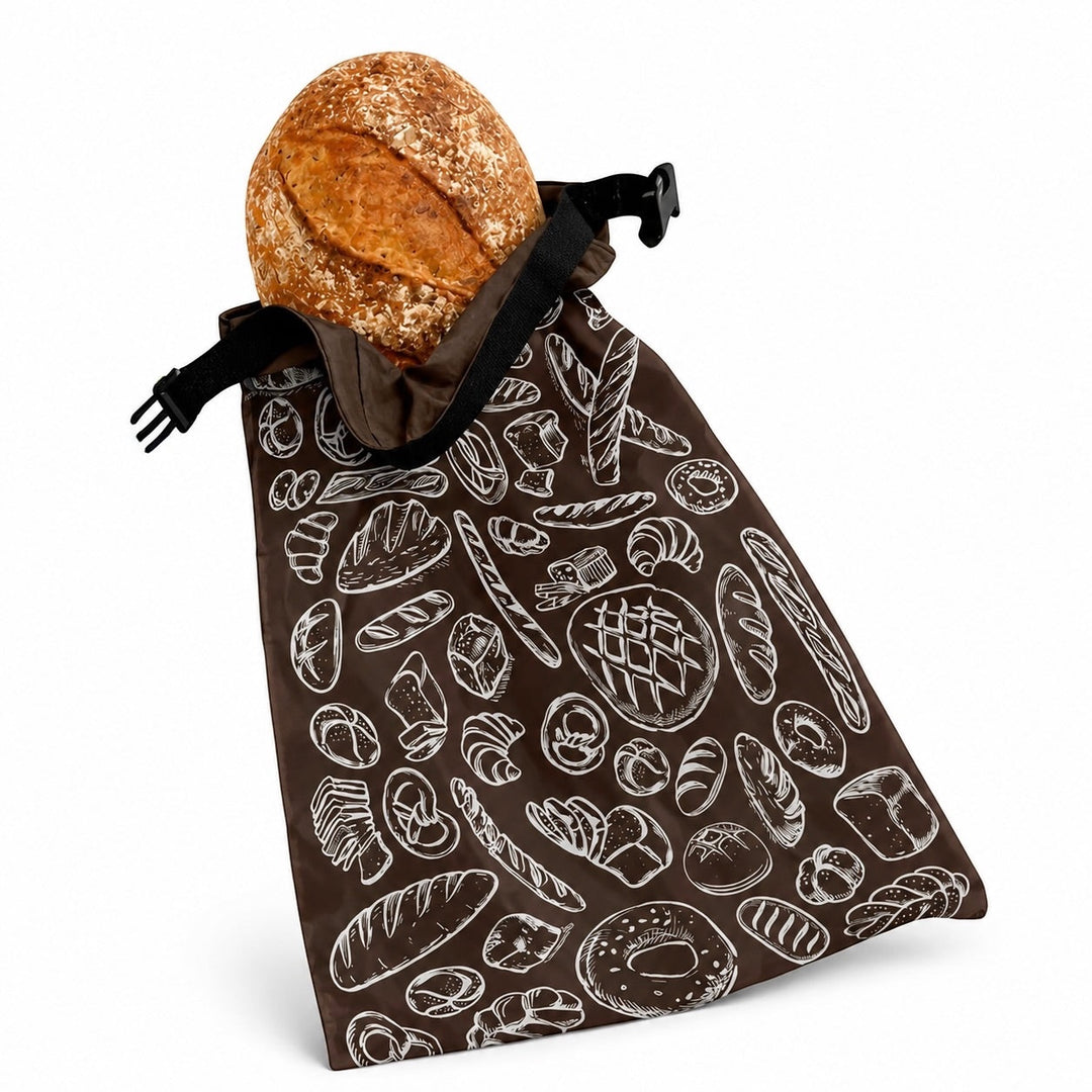 Think4Earth dark brown reusable bread bag with a white line-art pattern of various breads and pastries. Features a roll-top closure with buckle.