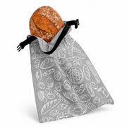 Think4Earth gray reusable bread bag made from recycled plastic bottles with a fun bread print. Features roll-and-clip closure.