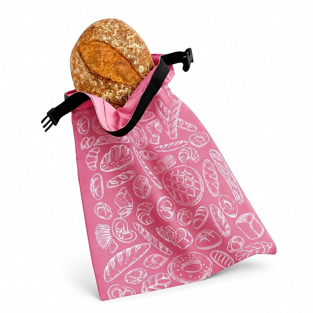Think4Earth pink reusable bread bag made from rPET, featuring a white line-art pattern of various baked goods. Includes a roll-top closure.