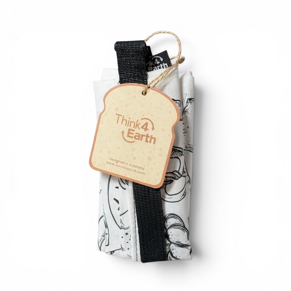 Think4Earth white reusable bread bag made from rPET, featuring a roll-and-clip closure and a bread-shaped tag.