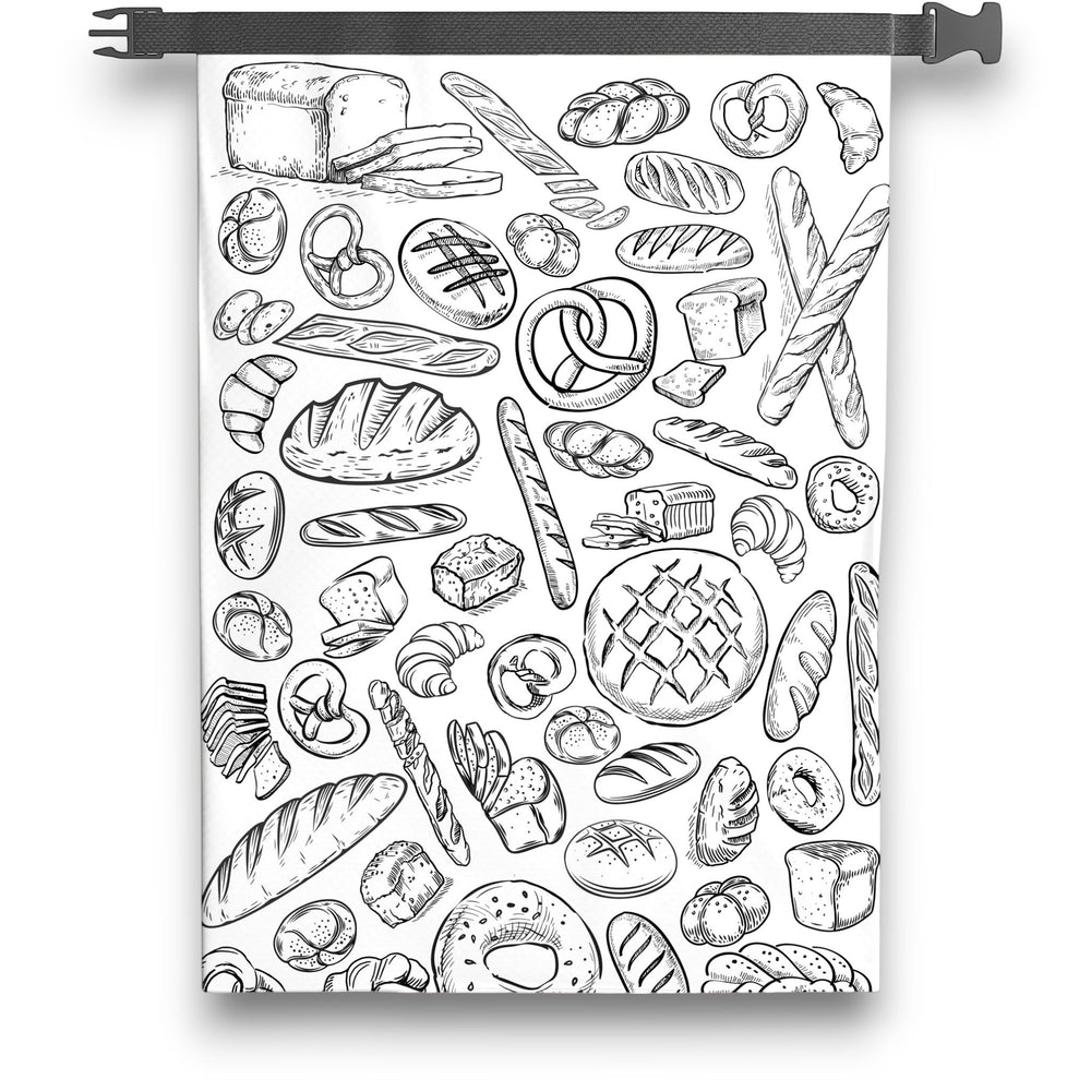 Think4Earth white reusable bread bag with a sketch pattern of various breads, croissants, and pretzels. Made from rPET.