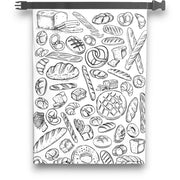 Think4Earth white reusable bread bag with a sketch pattern of various breads, croissants, and pretzels. Made from rPET.