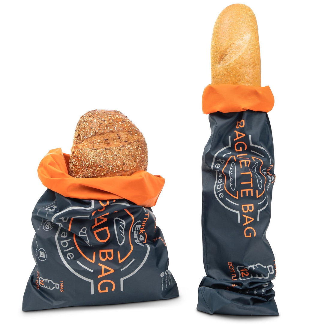 Think4Earth reusable dark grey bread and baguette bags with orange trim, one holding a round loaf, the other a baguette.
