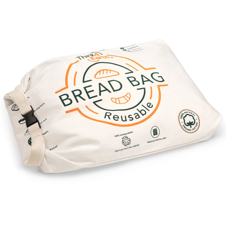Think4Earth reusable bread bag made of organic cotton, featuring a roll-and-clip closure and "BREAD BAG Reusable" graphic.