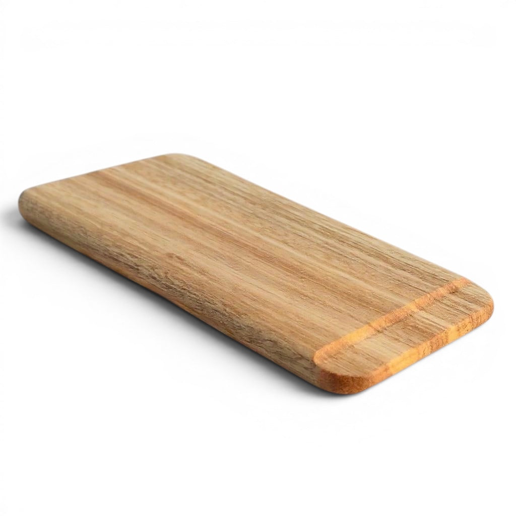 Think4Earth wooden bread board made from Tasmanian Oak with a cut-through groove for clean slicing.