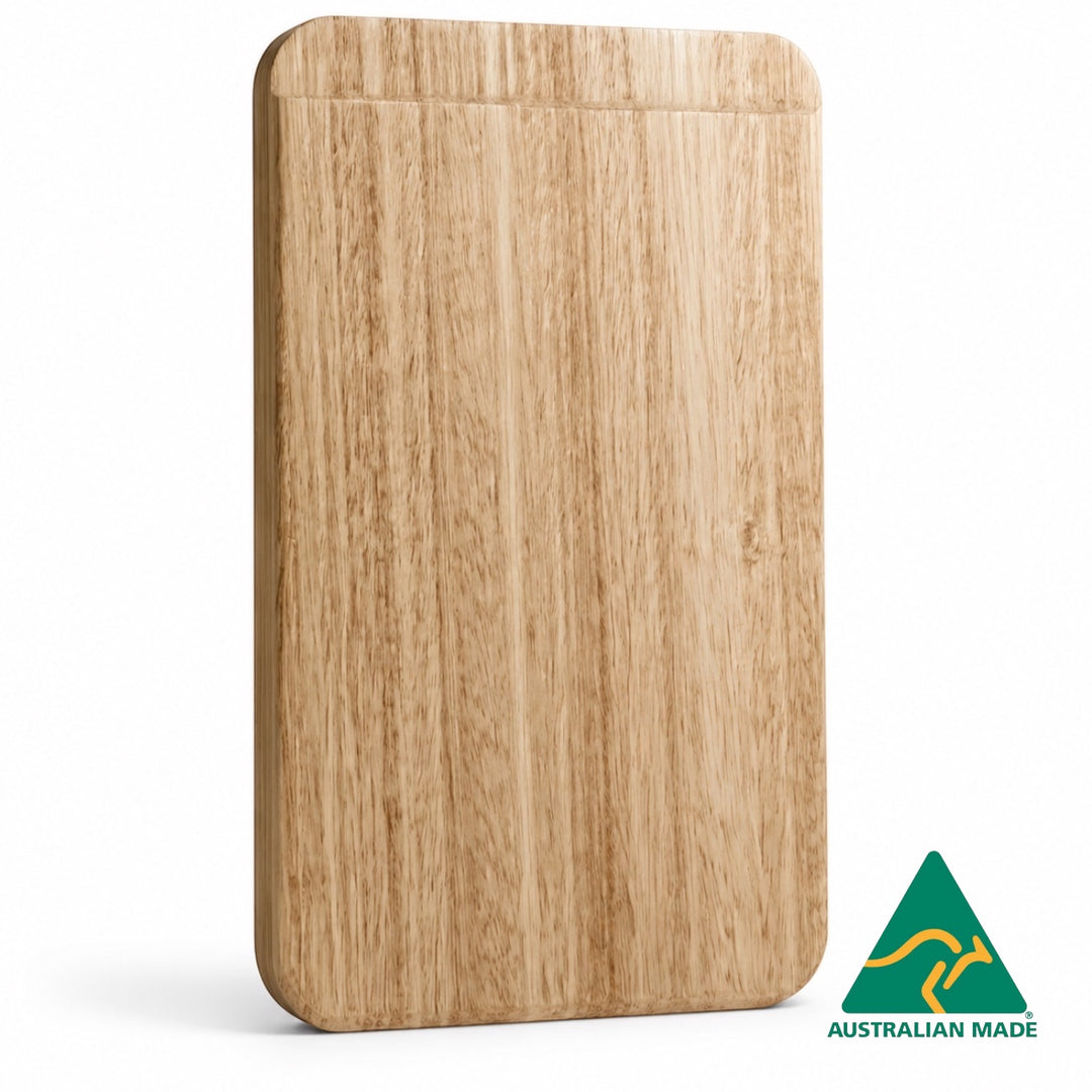 Think4Earth wooden bread board made from Tasmanian Oak with a cut-through groove and natural grain finish.