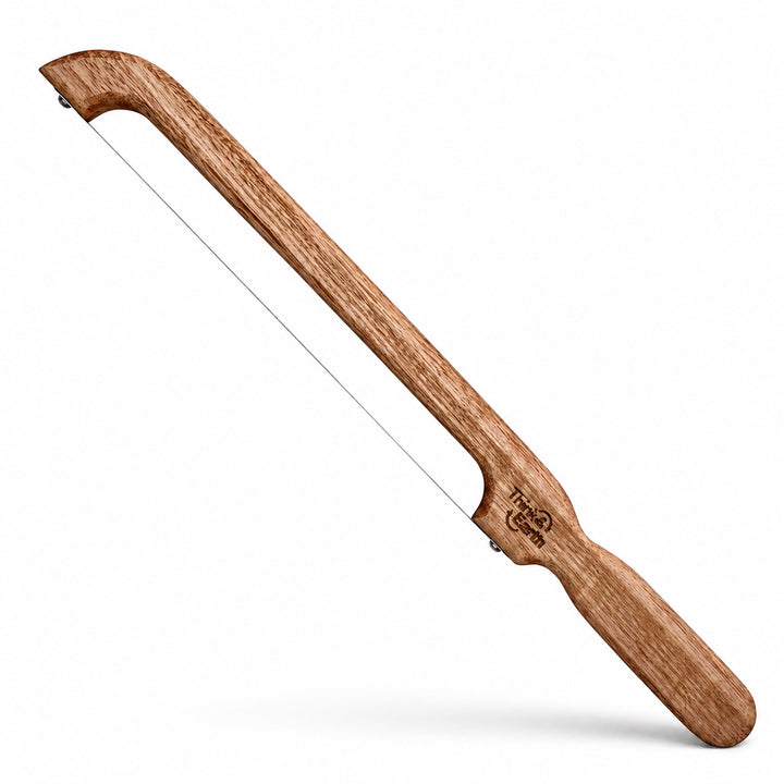 Think4Earth Tasmanian Oak bread saw with stainless steel blade, fixed for toast thickness. Australian made.