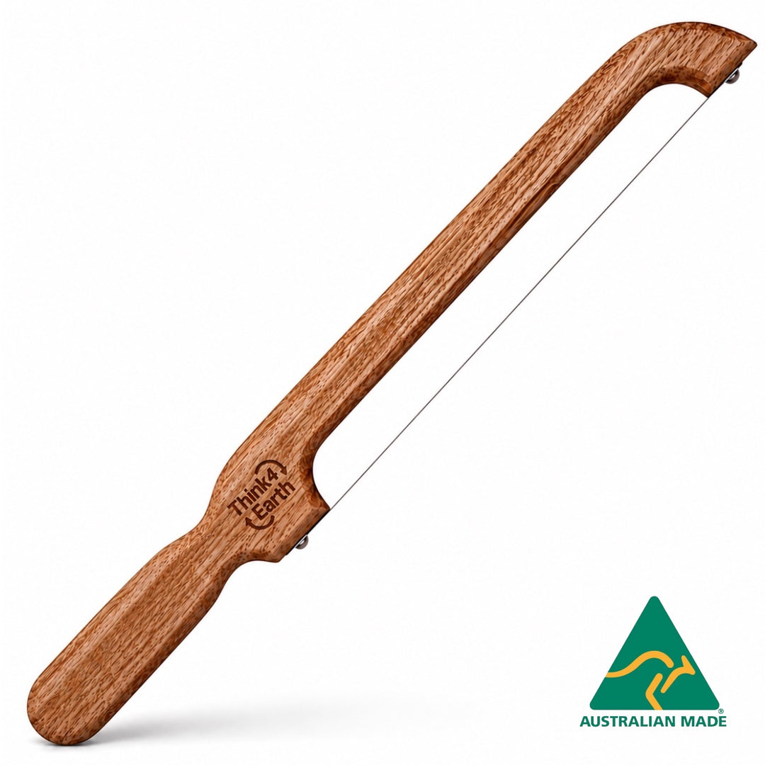 Think4Earth Tasmanian Oak bread saw with stainless steel blade, fixed for toast thickness.