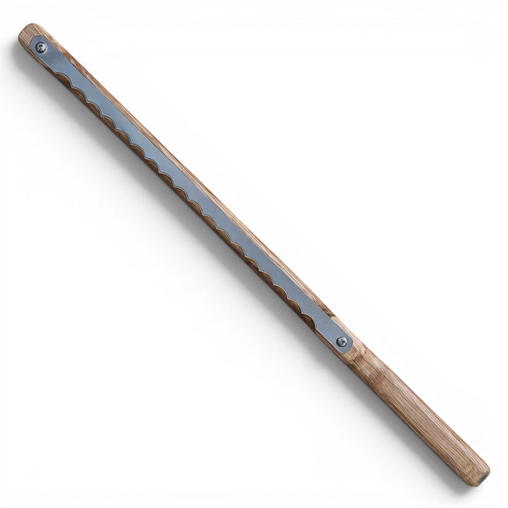 Think4Earth Tasmanian Oak bread saw with stainless steel blade, fixed for toast thickness. Australian made.