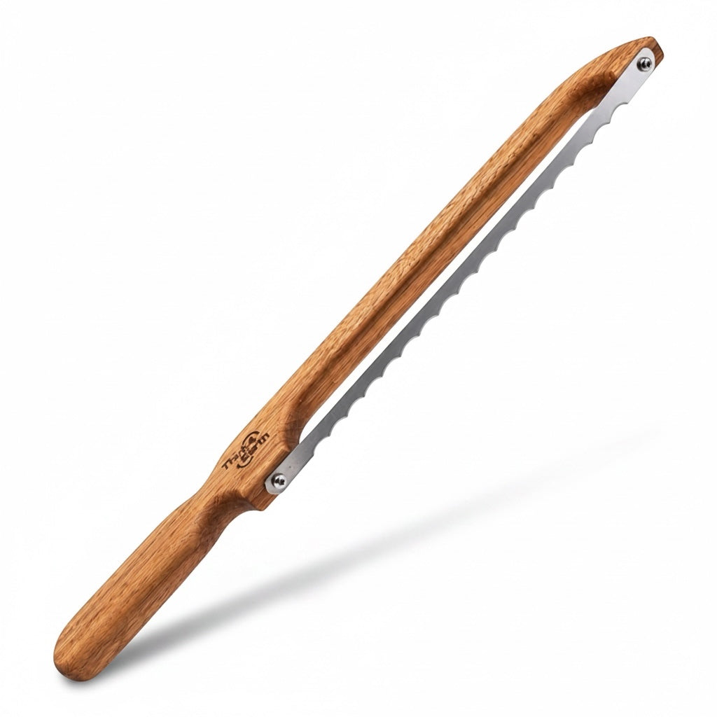 Think4Earth Tasmanian Oak bread saw with stainless steel blade, fixed for toast thickness.